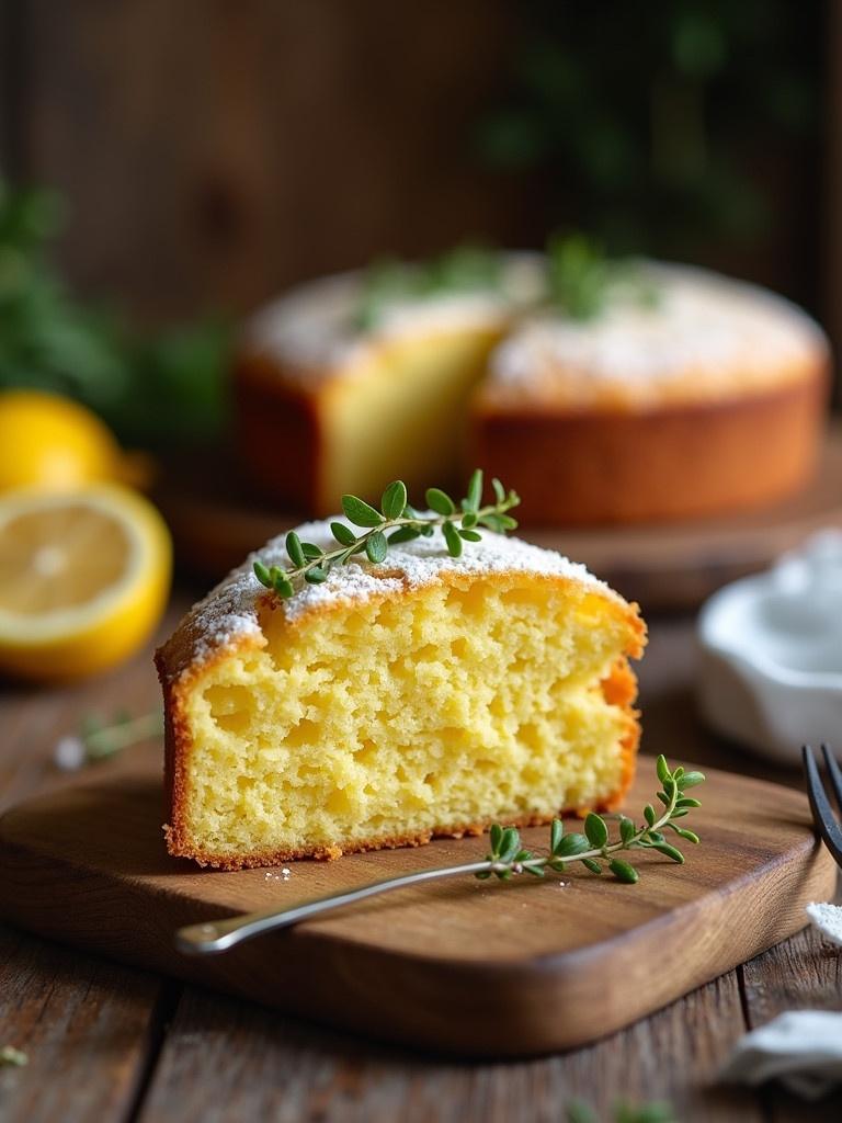 Photorealistic image of a slice of Lemon Thyme Olive Oil Cake on a rustic wooden board. Cake has a golden crumb and fresh thyme garnish. Warm lighting suggests a cozy kitchen setting.