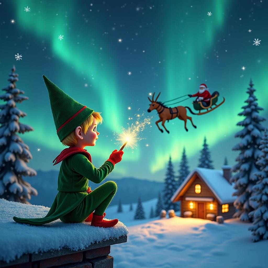 Whimsical elf in green with blonde hair sitting on snowy ledge. Starry night sky with northern lights. Elf holds a magic wand casting light. Cabin glowing warmly in the background. Santa and sleigh fly in the sky.