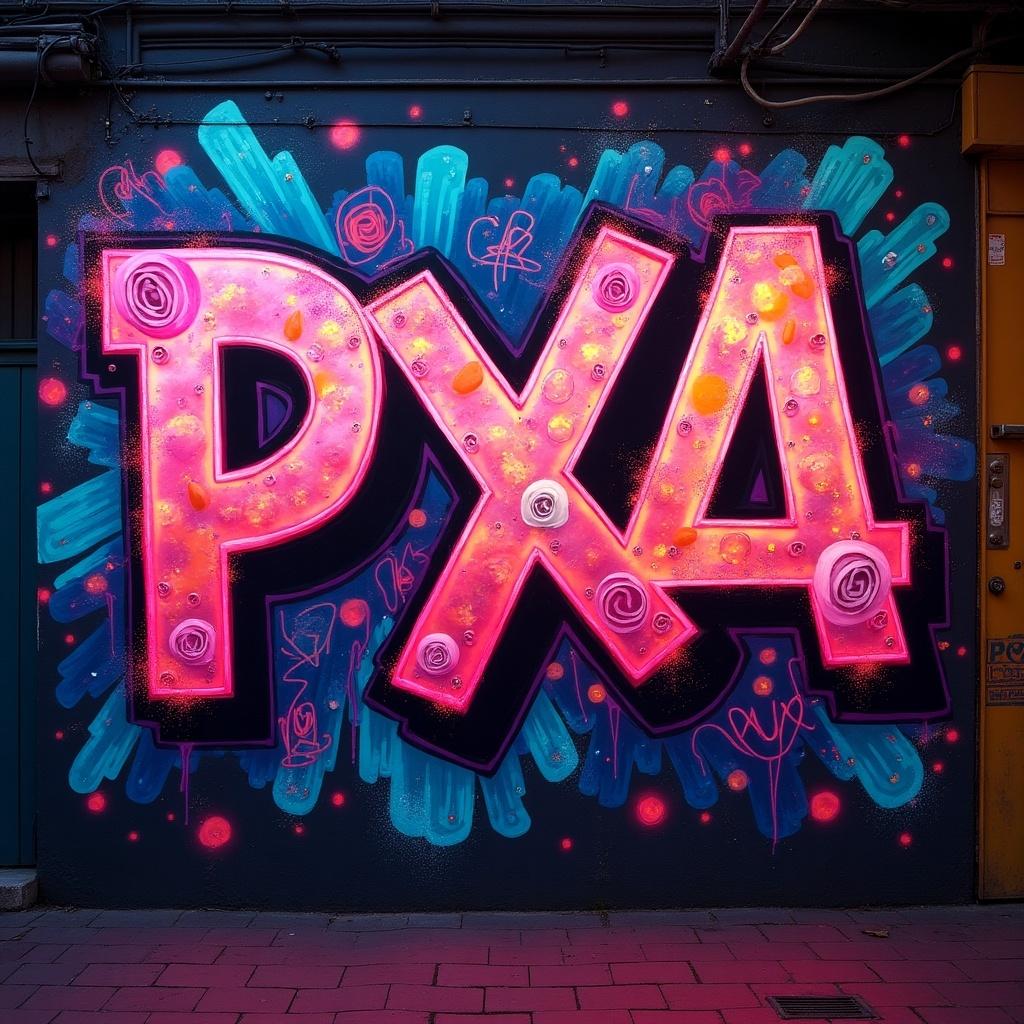 Create vibrant graffiti artwork using PXA. The design incorporates bold colors and lively patterns to capture attention.