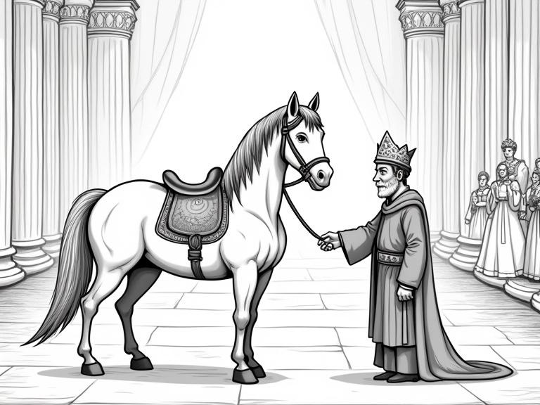 Illustration in black and white, line art style without fill. In a royal hall surrounded by wonders, a wise Persian presents a grand wooden horse to the king who looks surprised. The horse is elegant, with glass eyes and a silver saddle. Simple drawing style for young children, soft, warm colors, rounded lines. Background features columns, a red carpet, and several court spectators. Horizontal format. Repeat illustration with the king, horse, and wise man in the foreground and courtiers behind.