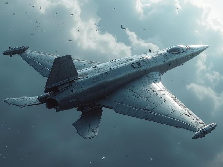 Image features a futuristic military dropship in flight. The design is sleek with a grey metal texture showing wear and tear. The setting includes a white and blue atmospheric backdrop. A high level of realism is present with detailed shadows and highlights.