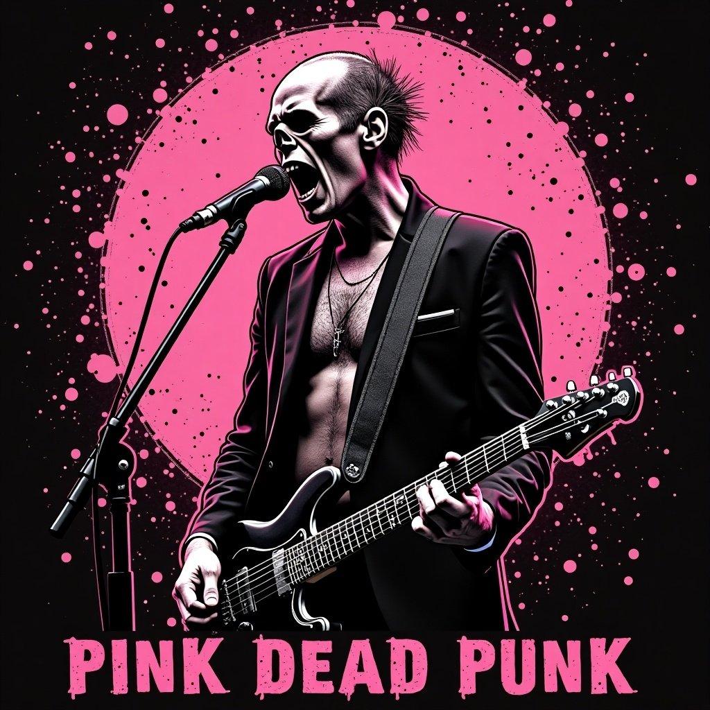 A guitarist wearing a black suit with an electric guitar. Background has a large pink circle. Title text says 'PINK DEAD PUNK'.