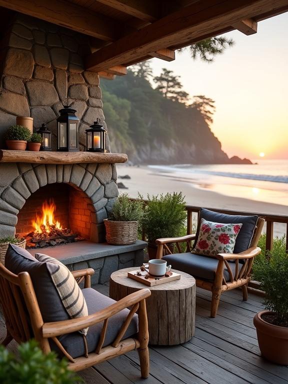 This image features a rustic beachfront porch at sunset. It has two wooden armchairs with cushions and a small round table. A stone fireplace is in the background with a lit fire. Surrounding the seating area are potted plants in terracotta and wicker planters. The porch offers a view of the beach and distant cliffs. The atmosphere is warm and inviting with a cozy ambiance from the fire. The lighting is soft and golden from the sunset.