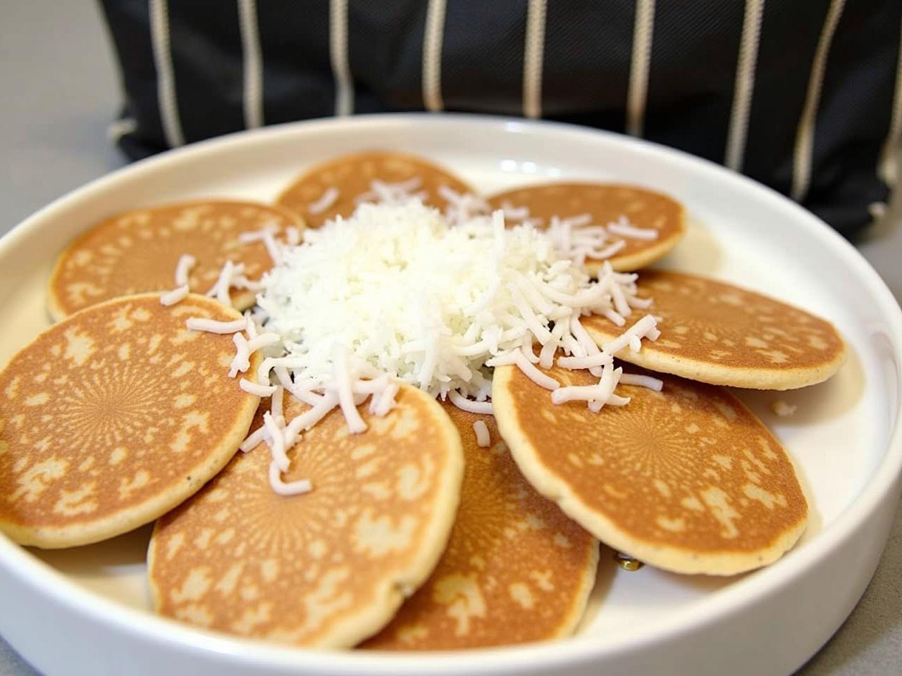 The image shows a dish containing several pancakes arranged in a circular pattern. The pancakes are browned and have a floral design impressed on them. They are topped with a generous amount of shredded coconut, which is white and fluffy. The dish is placed in a white round container, and the background features a dark striped bag, possibly a cosmetic bag. The overall presentation looks delicious and inviting.