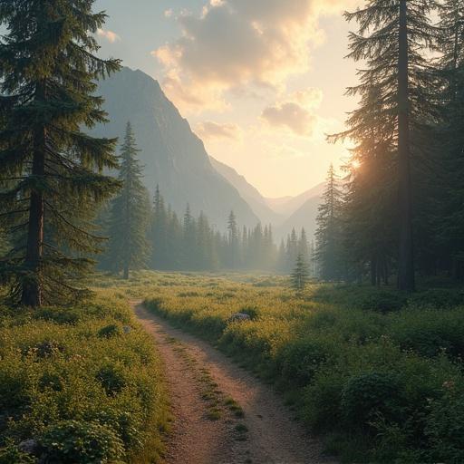 A stunning landscape shot depicting a winding dirt path surrounded by tall pine trees and mountains in the distance. Ultra-realistic lighting creates a serene and inviting atmosphere.