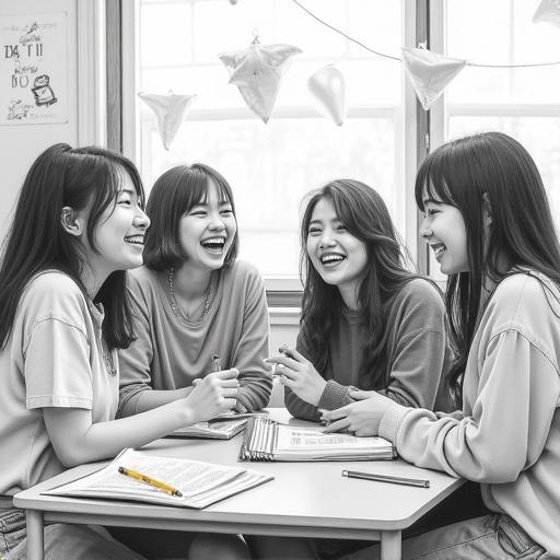 Highly detailed pencil sketch of teens in classroom. Students celebrate together. Party decorations enhance the atmosphere. Smooth blended shading creates realistic texture. High contrast monochrome aesthetic.