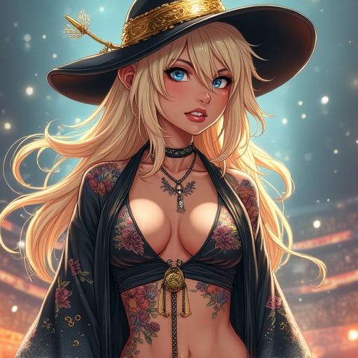 Anime woman with large light blonde wavy hair and blue eyes. Wearing a modern edgy kimono. Displaying colorful traditional Japanese tattoos. Standing in a luxurious martial arts arena. Dressed with popstar accessories including a wide brimmed hat and sunglasses. Embracing a dynamic and powerful posture.