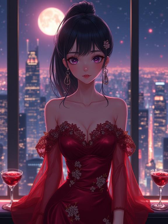A sexy woman stands gracefully in front of a large floor-to-ceiling window inside an upscale lounge. The scene features a vibrant city skyline at night with illuminated skyscrapers and a full moon. The woman is dressed in a luxurious off-shoulder shiny red gown adorned with silver floral patterns and sheer sleeves. Long silver earrings complete her elegant look. A deep wine-red cocktail sits on a nearby bar counter. The image showcases a semi-anime aesthetic with highly detailed rendering and romantic cinematic lighting.