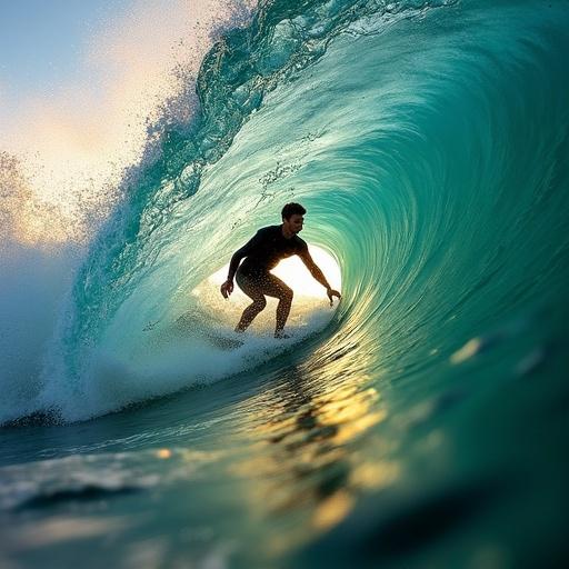 Dynamic action shot of a surfer in perfect form captured inside a massive wave barrel. Wetsuit glistening with turquoise water creating natural patterns of light. Golden evening sun filters through the wave's lip. Extreme sports photography style focusing on water texture detail.
