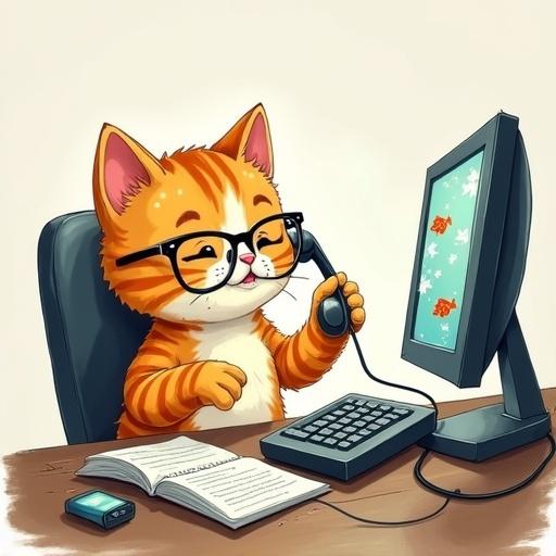 A cute kitty wearing tiny reading glasses. The kitty is sitting at a desk with an overflowing inbox. The kitty answers multiple phones with different paws. The computer screen shows a screensaver of fish swimming. Hand-drawn style.