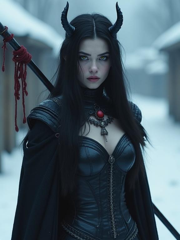 Photorealistic image of a beautiful young devil woman in a snowy medieval village. She has long black hair, small horns, deep blue skin, and vibrant yellow eyes. She shows a sad expression and wears a sleeveless corset dress with a heavy cloak. A long lance rests over her shoulder, highlighting her athletic build while surrounded by a winter landscape.