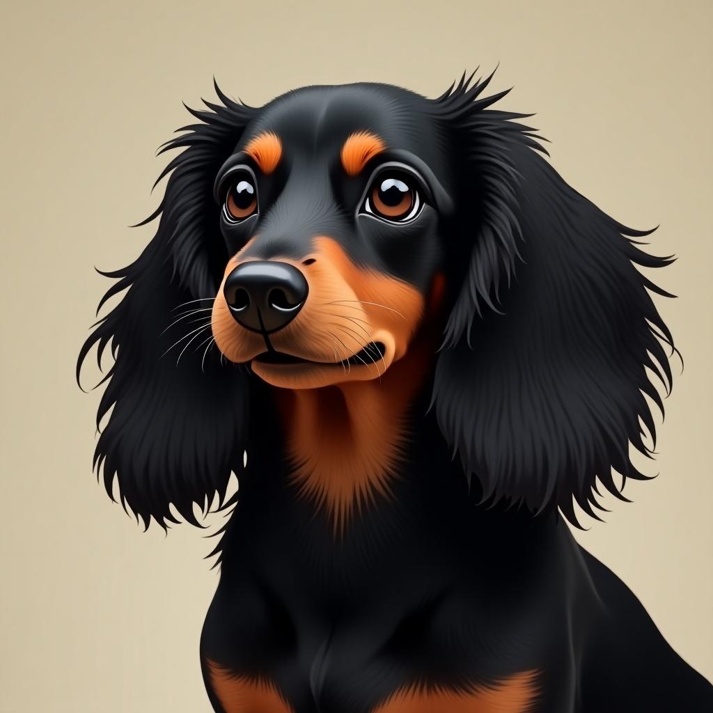 Create a black and brown dachshund with long fluffy hair. Focus on expressive eyes and overall cuteness in an artistic style with a neutral background.