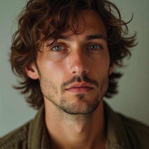 Closeup of an Australian male singer with a hippie bohemian style. Natural light highlights his features. He has long wavy hair and is dressed in casual clothing.