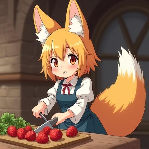 Anime fox girl with fluffy fennec fox ears and big fluffy tail in medieval kitchen. She is focused on cutting strawberries on a wooden cutting board. Cute and whimsical character design.