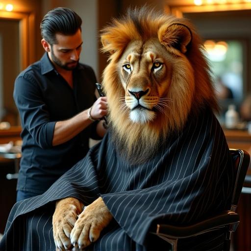 A skilled barber leans in, trimming the fur of a lion in a stylish barber chair, draped in a black-striped cape. The lion has golden eyes and a calm demeanor. The barber has a trendy hairstyle and uses clippers to groom the lion's mane in a fashionable way. A bright salon environment adds humor and sophistication to the scene.