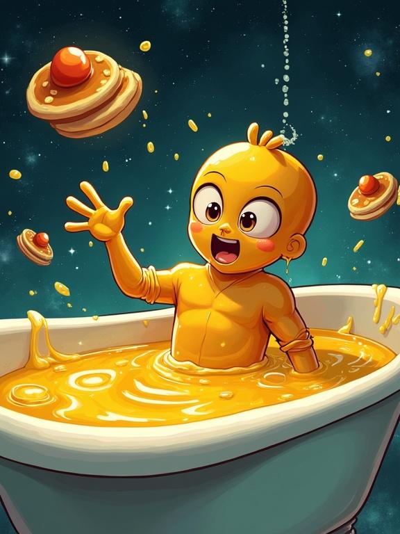 A cartoon boy soaked in glowing maple syrup in a bathtub floating in space. His pancake outfit melts into the syrup. He reaches out dramatically, shouting to subscribe. Syrup bubbles surround him as flying pancakes orbit the tub. The cosmic background is starry with sparkles and comic effects.