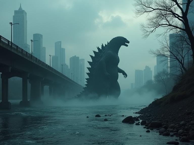 A massive monster towers over a river in an Asian city. Water splashes around as its spines emerge. The skyline features tall buildings under a cloudy sky. The scene is dark and atmospheric with a cinematic quality.