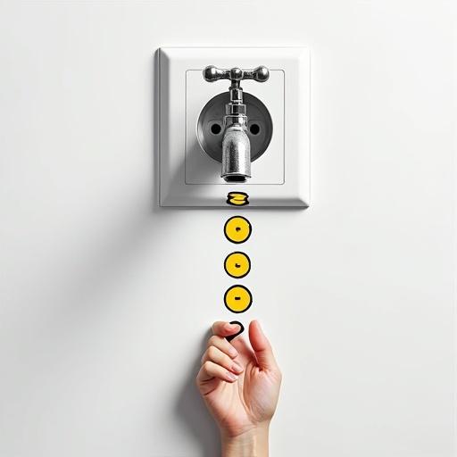 Image shows a tap-shaped electrical socket on a white wall. A hand is turning off the tap. Five yellow electrons with minus signs drip down from the socket. Tap design suggests a creative spin on electrical outlets.