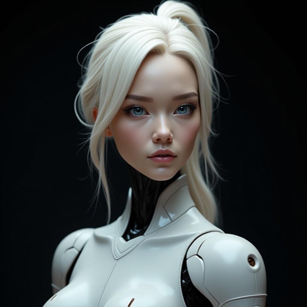 The image showcases a female humanoid robot with a strikingly lifelike appearance. She has smooth synthetic skin and expressive blue eyes that convey a sense of emotion. Styled in a casual ponytail, her hair complements her human-like features. Set against a dark background, the robot’s lighter body stands out, emphasizing the beauty of technology. This artwork illustrates a harmonious blend of robotics and human traits, depicting a potential future where these elements coexist elegantly.