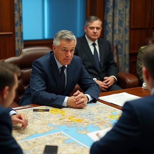 Ukrainian President in war room. Engaged military commanders and advisors. Analyzing Russian strikes on Ukrainian infrastructure. Maps and real-time reports on table. Planning counter-offensive strategies.