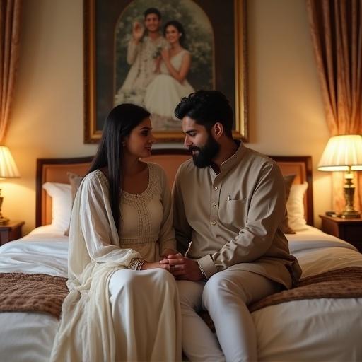 Couple in traditional Pakistani attire sitting on a luxurious bed in an elegant bedroom. Wife appears sad, husband consoles her. Rich decor with soft lighting and a wedding photo behind them. Emotional and sincere atmosphere reflecting quiet sadness and hope.