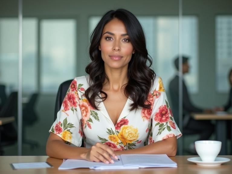 Photo of a 30-year-old Mexican woman in a corporate boardroom. She has light skin and dark hair. She wears a white floral midi dress with large patterns in red yellow and green. Her expression is calm and neutral. Her posture is straight and relaxed. Documents and a cup of coffee are in front of her. Background shows glass walls and office furniture. She is seated at a conference table awaiting a meeting.