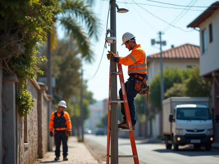 Realistic documentary-style image in 16:9 format. Scene shows two professional security camera installers working on a residential street in an urban setting. Both installers wearing complete clean work uniforms with tools visible and all personal protective equipment. One technician works on a bright orange fiberglass extension ladder installing a security camera on a utility pole while the other supervises or prepares tools nearby. Work vehicle is a light gray or white work van parked on the street with visible ladders secured on top. Urban street lined with well-kept houses with concrete or metal streetlights. Daylight with bright but soft light, hint of morning or afternoon atmosphere.