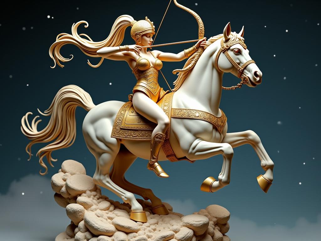 Detailed resin sculpture of a warrior goddess inspired by Sagittarius. Figure shows a lethal archer about to shoot an arrow. She is on a cosmic horse amidst rocks and clouds. Long hair is tied in a ponytail. She wears gleaming armor with gold plates. The horse leaps with elegance. Background is starry and ethereal.