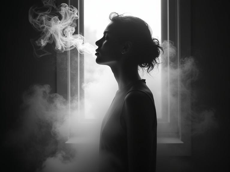 Figure in profile is positioned facing left with head tilted upward. The body is relaxed allowing focus to remain on interplay with smoke. Smoke billows around the figure blending with form and appears to emanate from mouth or nose. The silhouette's face is partially obscured revealing faint outlines of features. Light highlights edges of hair and clothing emphasizing outline. Posture suggests calm reflective state evoking a sense of introspection. The overall mood is tranquility mystery and introspection with dynamic smoke creating an ethereal atmosphere. Explore themes of transformation and the ephemeral nature of existence through use of light and shadow.