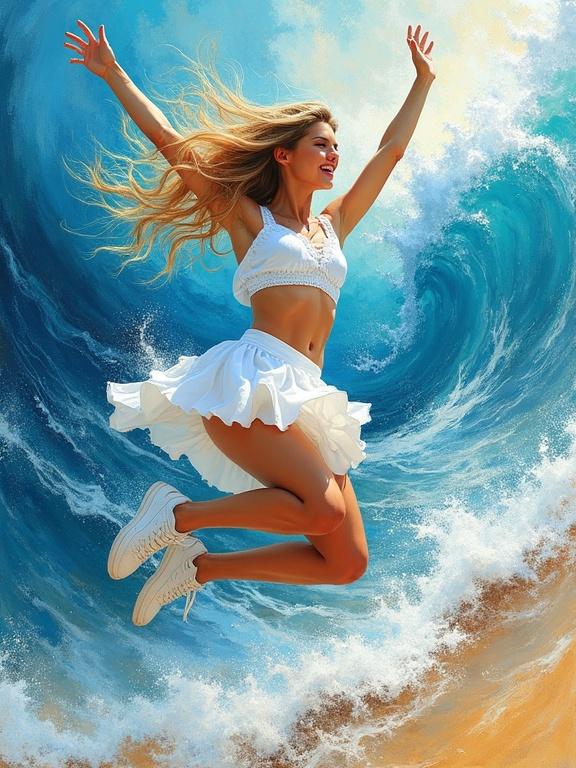 A young woman with long blonde hair in a white outfit jumps in an abstract ocean setting. Vibrant swirling waves in blue, white, orange, and splashes of yellow create an expressive background. Thick brushstrokes give a textured appearance. The lighting is bright and high-contrast, enhancing the energetic scene.