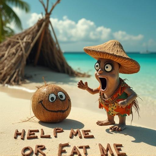 A wild-eyed mushroom character stands on a sandy beach. The mushroom is yelling at a coconut with a smiley face. The mushroom wears a ragged Hawaiian shirt. In the background, a flimsy shelter made of sticks leans sideways. Seashells spell out 'HELP ME OR EAT ME' on the sand. The scene has a cinematic and chaotic feel.