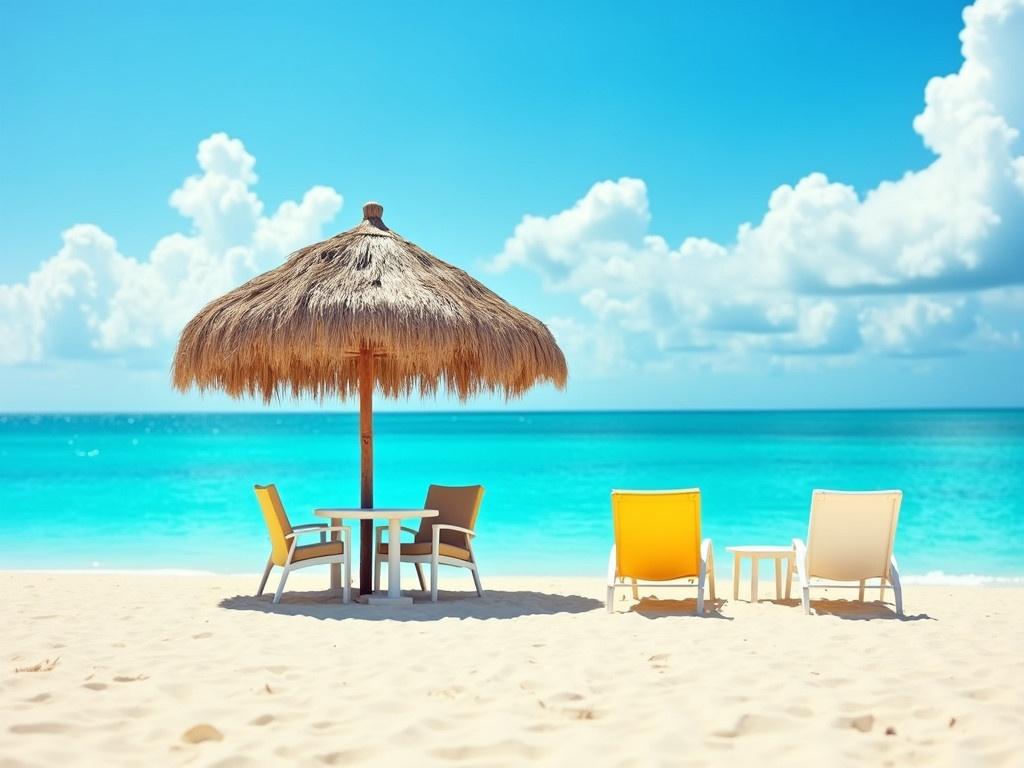 Create a professional catalogue photo of a serene beach scene. The image features a straw-thatched umbrella providing shade over a small table with chairs. There are two bright yellow lounge chairs and one white chair arranged neatly in the sand. The backdrop shows a brilliant turquoise ocean under a clear blue sky filled with soft, fluffy clouds. The sand is finely textured and appears inviting, perfect for relaxation. This scene captures the essence of a tropical getaway, combining tranquility and beauty.