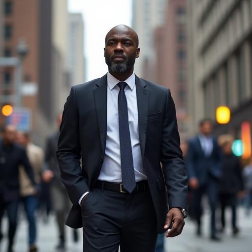 Middle-aged Black man walking in a business suit in a busy urban street during rush hour in New York City. Overcast lighting with a shallow depth of field.