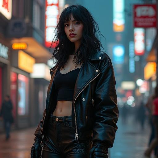 A female model stands confidently in the urban environment. She is dressed in stylish cyberpunk attire including a black leather jacket and fitted pants. Neon lights illuminate the bustling city street behind her, creating a vibrant atmosphere.