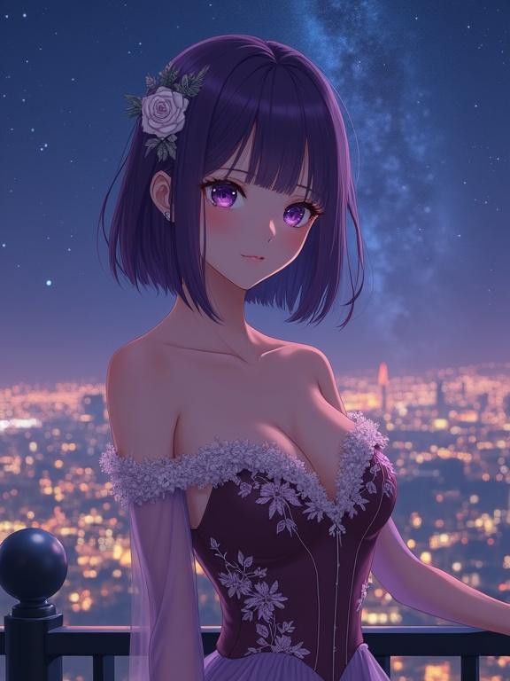 A beautiful anime-style lady facing viewer with calm expression. She has violet hair and eyes with a rose hairpin. Her off-shoulder evening gown is dark brown-lavender with floral embroidery. She stands by a railing with a starry sky and city lights in the background.