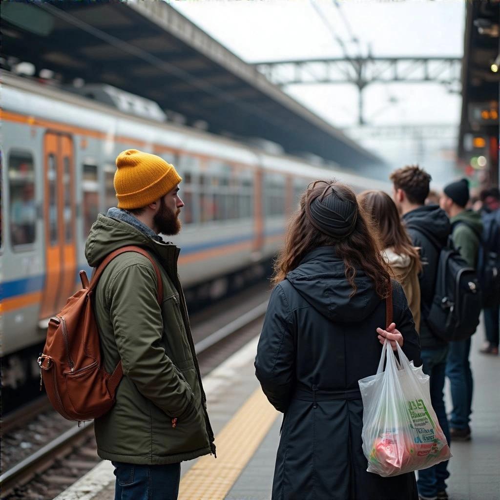 Group of people wait on train platform. One person wears yellow beanie. Another person holds plastic bag. Train is in background.