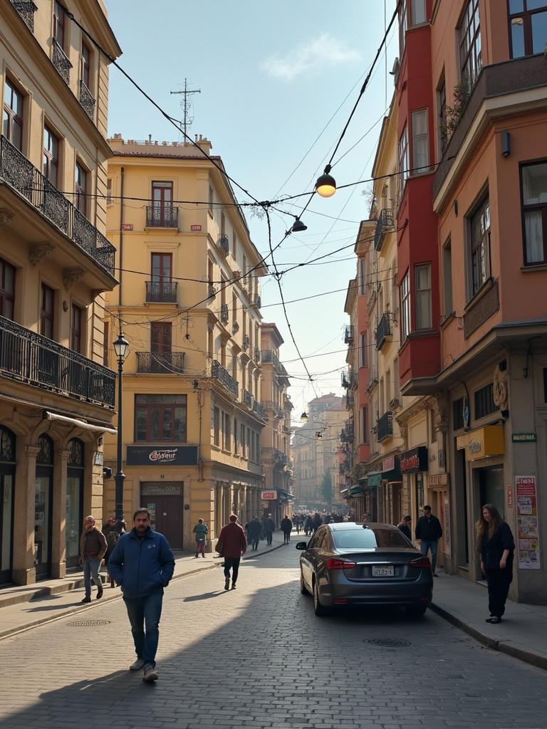 A vibrant city street scene during the day. People are walking along the road. Old buildings with colorful facades line both sides of the street. A car is parked along the curb. The sky is clear with soft sunlight illuminating the scene.