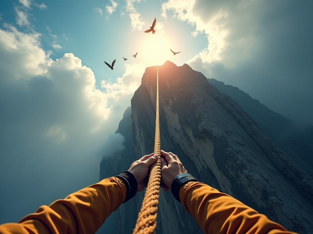 The image depicts a pair of hands gripping a thick rope at the bottom, suggesting an intense climb up a steep cliff. This viewpoint reflects the climber's perspective as they look upward towards the sunlit summit. Bright sunlight illuminates the top of the cliff, creating a sense of hope and motivation. Above, birds can be seen flying, enhancing the feeling of freedom associated with reaching new heights. The scene is enveloped by dramatic clouds, contributing to a challenging yet inspiring atmosphere during the climb.