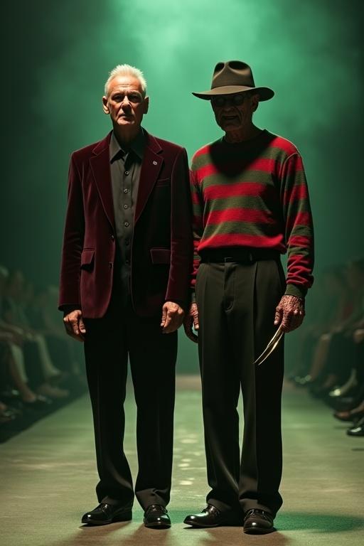 Ultra-realistic cinematic fashion show featuring actor Robert Englund with his horror character Freddy Krueger. Robert wears a sharp burgundy velvet blazer. Freddy stands in his red-and-green striped sweater with a menacing expression. Strong directional lighting creates eerie shadows on a foggy runway. Hyper-detailed textures and dramatic contrasts.