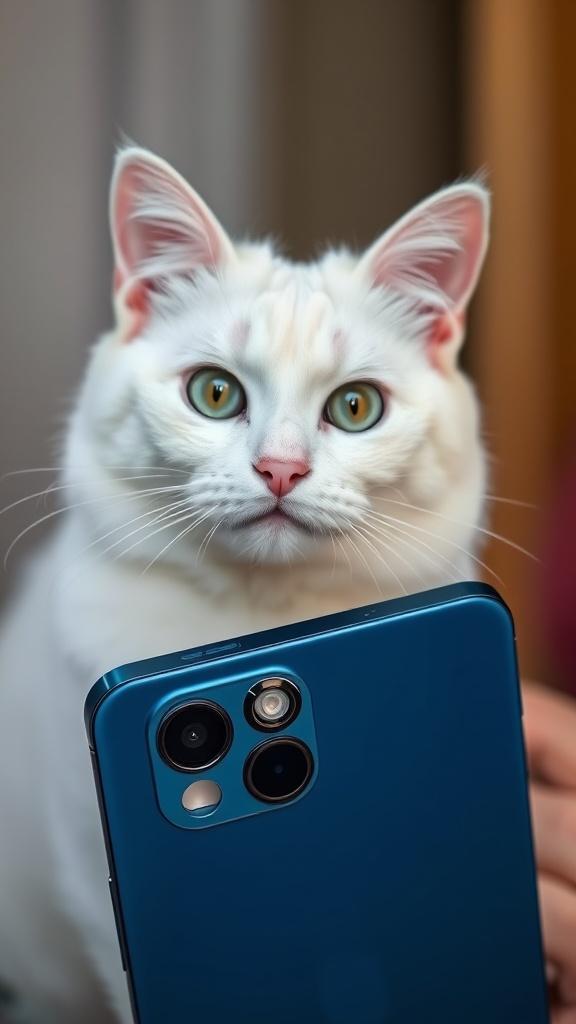 A fluffy white cat poses adorably for a selfie with a blue smartphone.