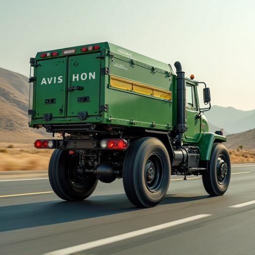 A motor courier with a green box at the rear that says Avishan. The engine is in motion on a road in a mountainous area.