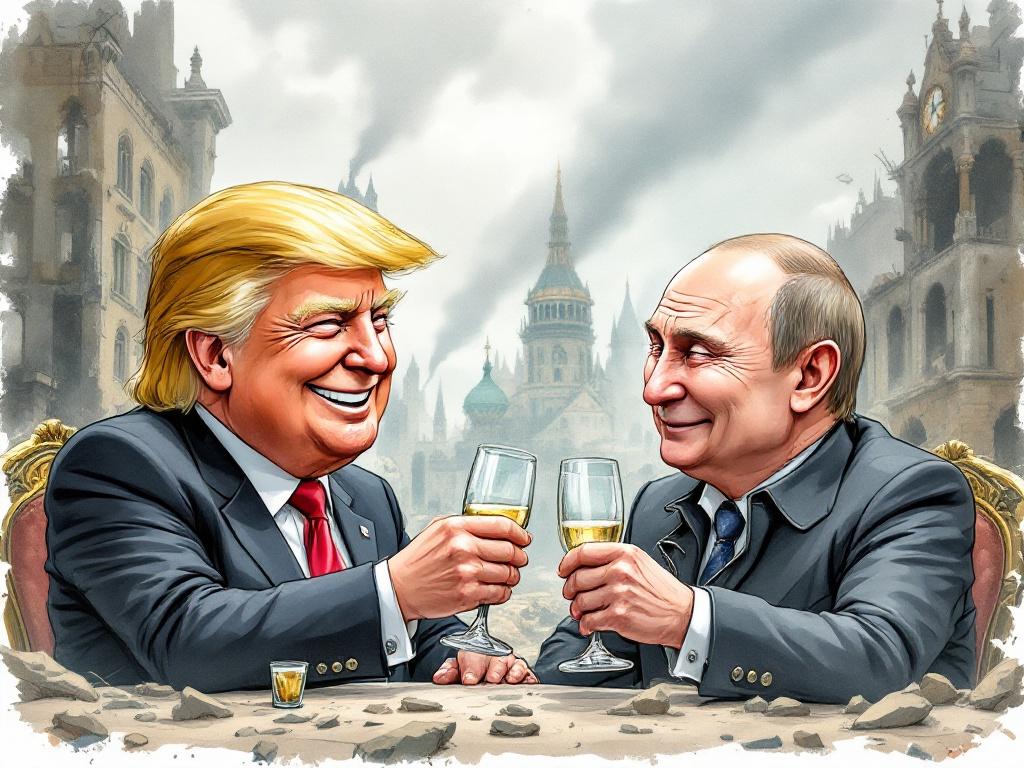 Cartoon illustration of two men smiling and toasting. Background shows ruins of a city in a steampunk style. Bright colors and cheerful atmosphere. Watercolor style