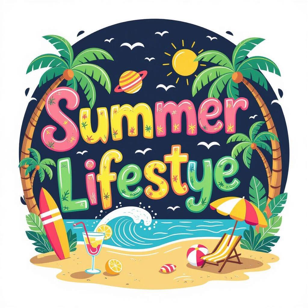 Vibrant playful illustration of Summer Lifestyle against dark backdrop. Whimsical multi-colored font featuring pink yellow green colors capturing summer essence. Tropical paradise includes palm trees surfboard beach umbrella cocktail glass. Beach ball sunny skies complete scene. Design exudes laid-back beach-themed vibe with bright colors tropical motifs emphasizing fun carefree spirit of summer.