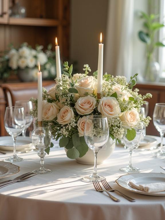 Wedding photography features a table elegantly set with flower bouquets and candles. The centerpiece holds soft pink roses and touches of foliage. The atmosphere is romantic with delicate details.