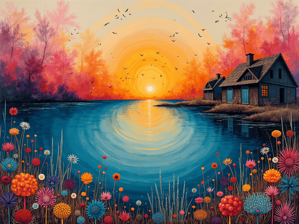 A vibrant sunset over a lake with colorful flowers and houses along the shore.