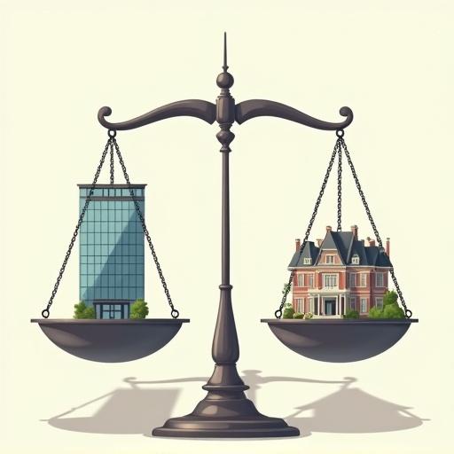 Digital illustration of balanced scale with chains from a sturdy frame. Left pan has modern bank building centered. Right pan has large Victorian-style house centered. Chains on house are stretched; chains on bank are loose. House casts heavy shadow, bank casts lighter shadow. Scale indicator points toward house. Label at bottom reads 'Weight Discrepancy: REAL ESTATE > BANK'. Clean, modern style with metallic textures on scale. Minimalist background with soft gradients.