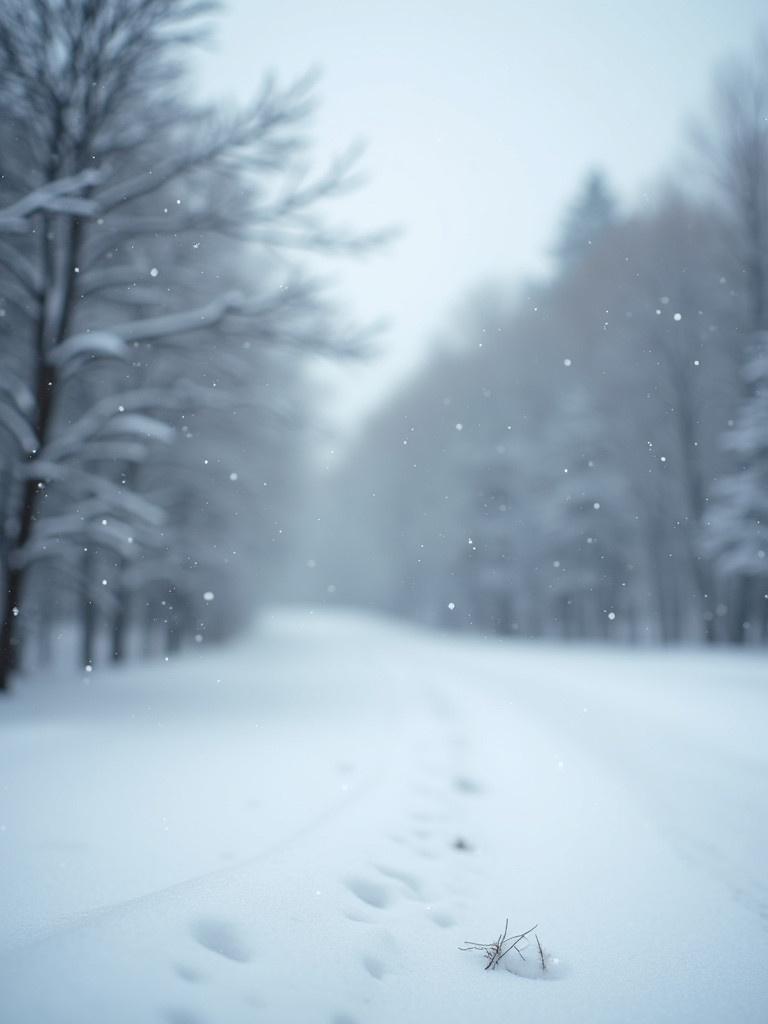 Serene winter scene Softly falling snow Emphasis on snowflakes in foreground Blurred snowy landscape in background Soft focus Dreamy atmosphere