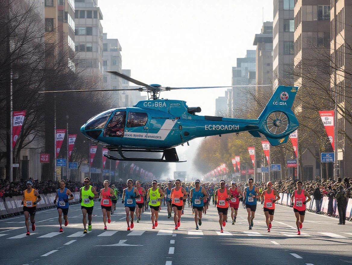 Bright morning in Santiago de Chile during a city marathon. Turquoise emergency helicopter from Clínica Alemana flying at low altitude. Dozens of colorful marathon runners with numbered bibs sprinting on wide six-lane street. Natural morning light at 8:00 AM. Soft shadows with Costanera Center and Andes mountains in background. Cinematic depth and urban identity emphasized.