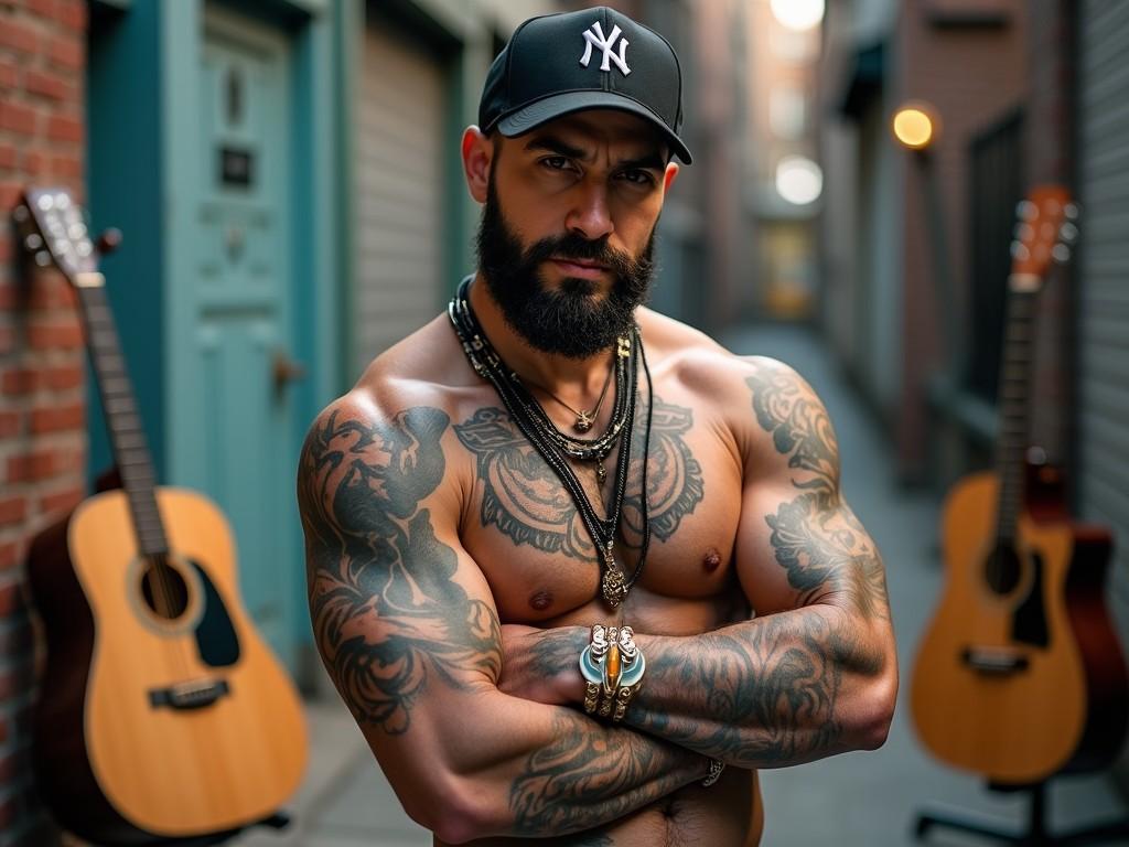 A muscular, tattooed man wearing a black NY baseball cap stands confidently with crossed arms in an urban alley, with guitars on either side, showcasing bold jewelry.