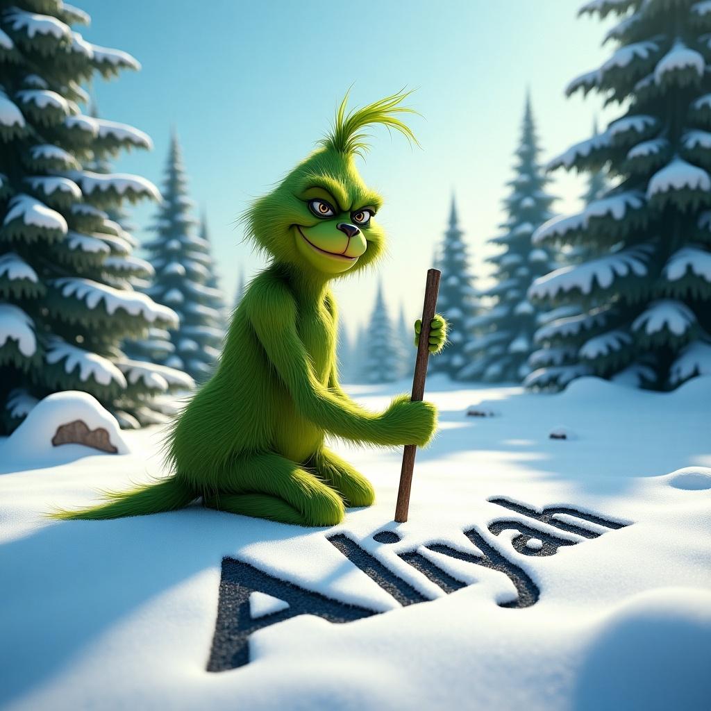 Grinch character writing the name Aaliyah in snow with a stick. Wintry background with evergreen trees and bright, sunny lighting. The Grinch appears playful and mischievous.